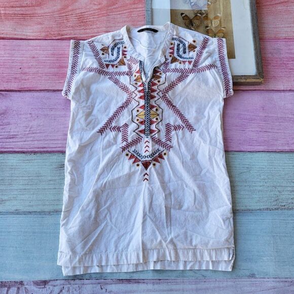Zara Basic White Embroidered‎ Boho V-Neck Tunic Mini Dress Size Large - Picture 1 of 5